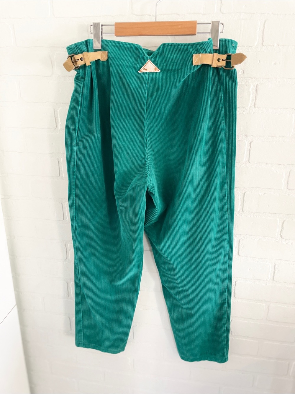 Vintage 70s Emerald Teal Corduroy Barrel Pants Leather Side Tabs Archive Size 10 - Picture 11 of 16